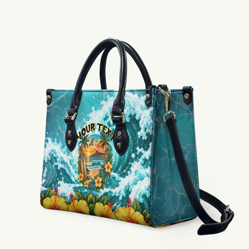 Personalized Hawaii 60th Birthday Eagle Leather Bag Tropical Sunset Beach Hibiscus Ocean Wave TS04 Blue Yellow - Polynesian Pride