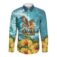 Personalized Hawaii 60th Birthday Eagle Long Sleeve Button Shirt Tropical Sunset Beach Hibiscus Ocean Wave TS04 Unisex Blue Yellow - Polynesian Pride