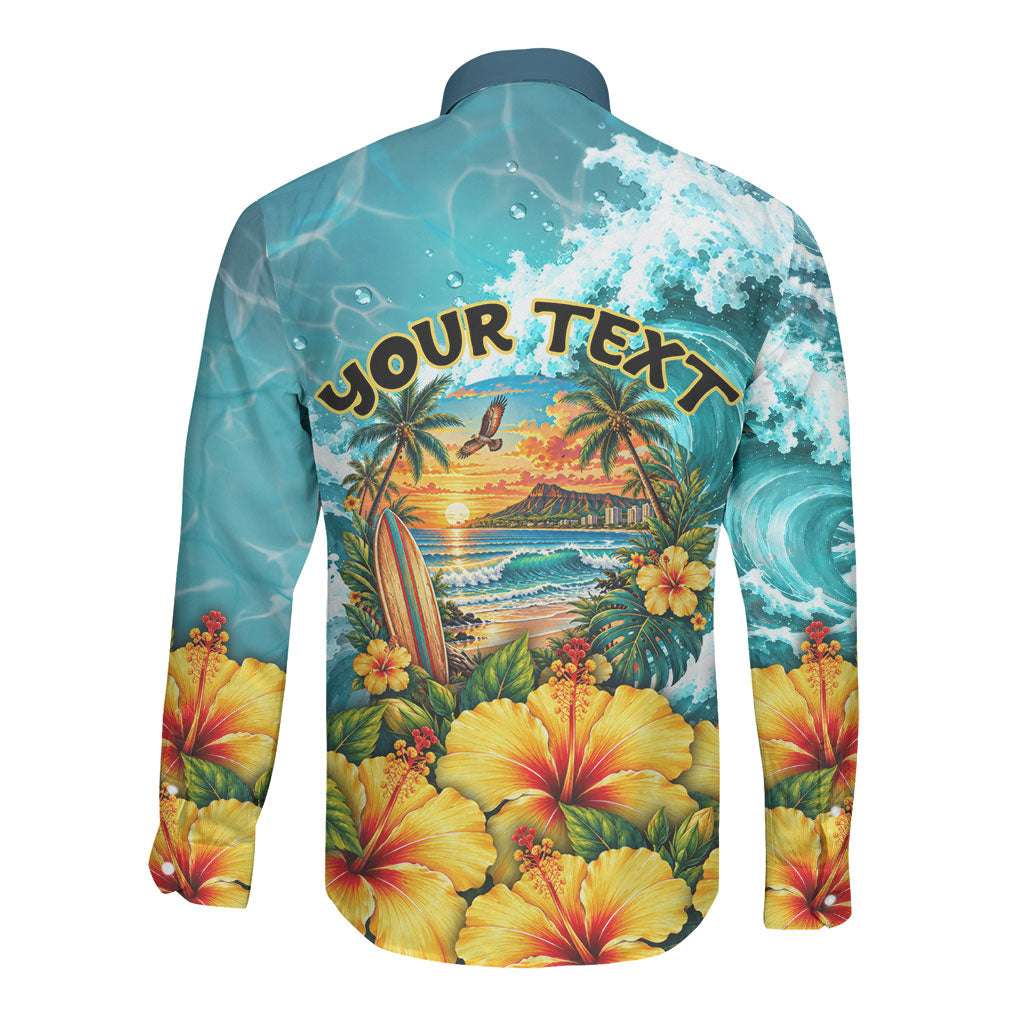 Personalized Hawaii 60th Birthday Eagle Long Sleeve Button Shirt Tropical Sunset Beach Hibiscus Ocean Wave TS04 - Polynesian Pride