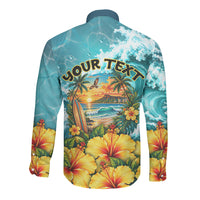 Personalized Hawaii 60th Birthday Eagle Long Sleeve Button Shirt Tropical Sunset Beach Hibiscus Ocean Wave TS04 - Polynesian Pride