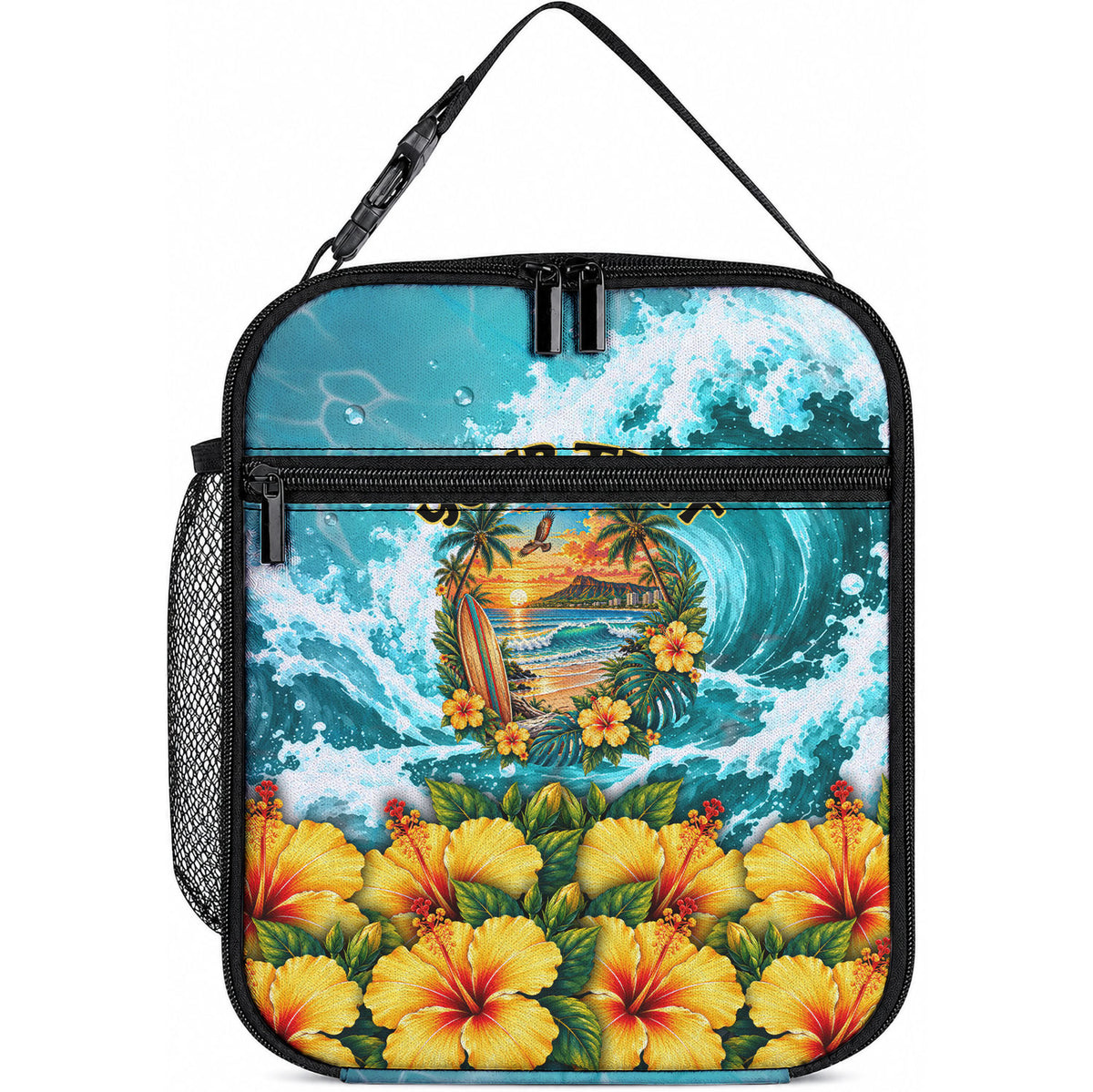Personalized Hawaii 60th Birthday Eagle Lunch Bag Tropical Sunset Beach Hibiscus Ocean Wave TS04 10.2 × 8.3 × 4.3 inch Blue Yellow - Polynesian Pride