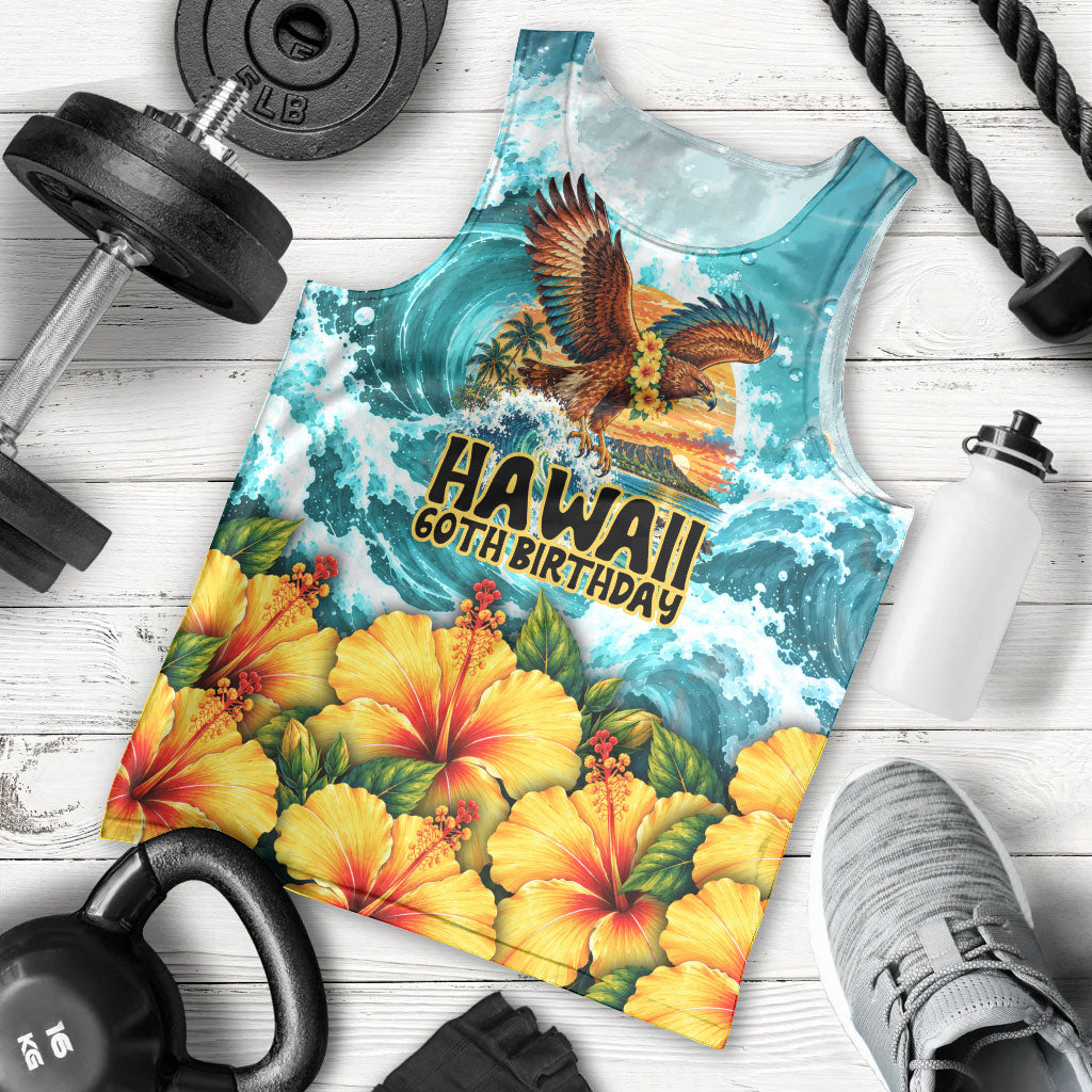 Personalized Hawaii 60th Birthday Eagle Men Tank Top Tropical Sunset Beach Hibiscus Ocean Wave TS04 - Polynesian Pride