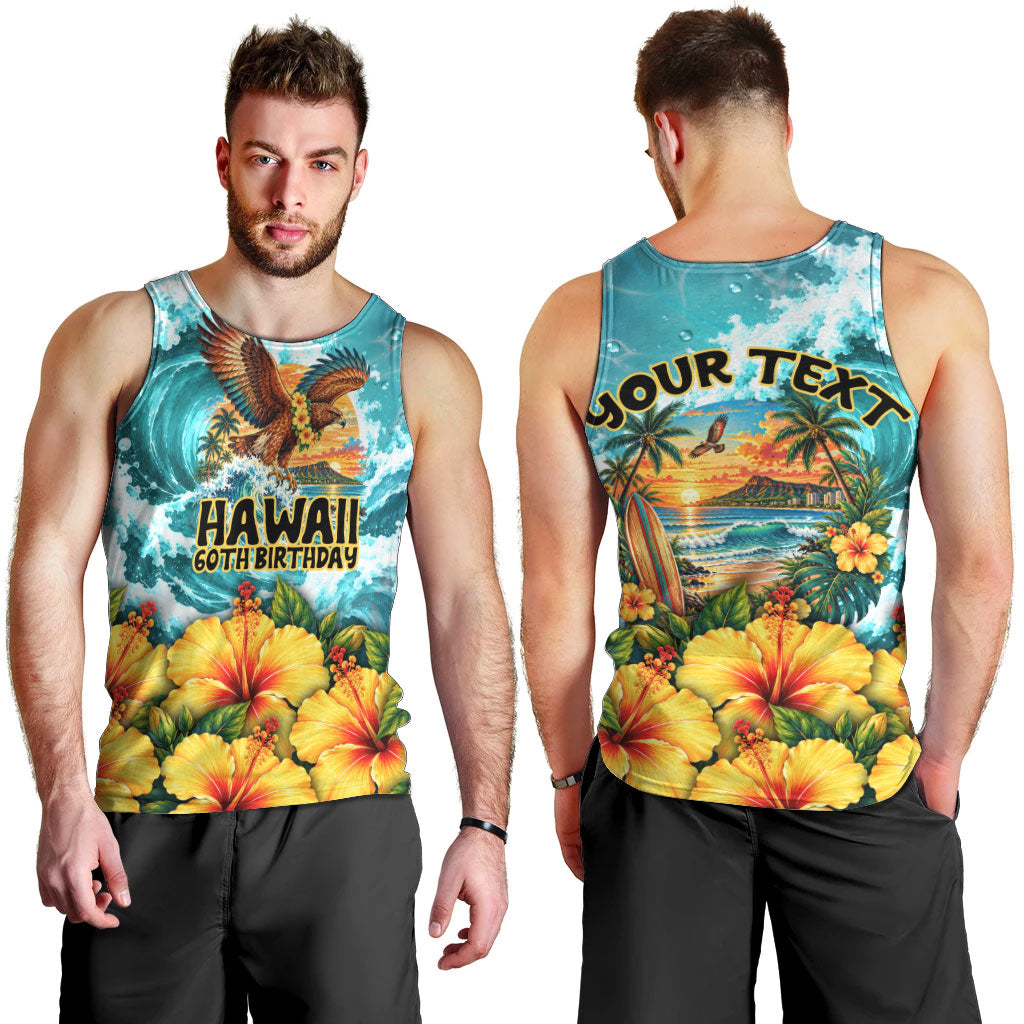 Personalized Hawaii 60th Birthday Eagle Men Tank Top Tropical Sunset Beach Hibiscus Ocean Wave TS04 - Polynesian Pride