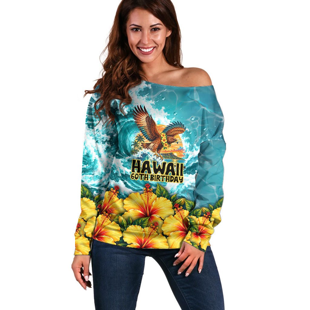 Personalized Hawaii 60th Birthday Eagle Off Shoulder Sweater Tropical Sunset Beach Hibiscus Ocean Wave