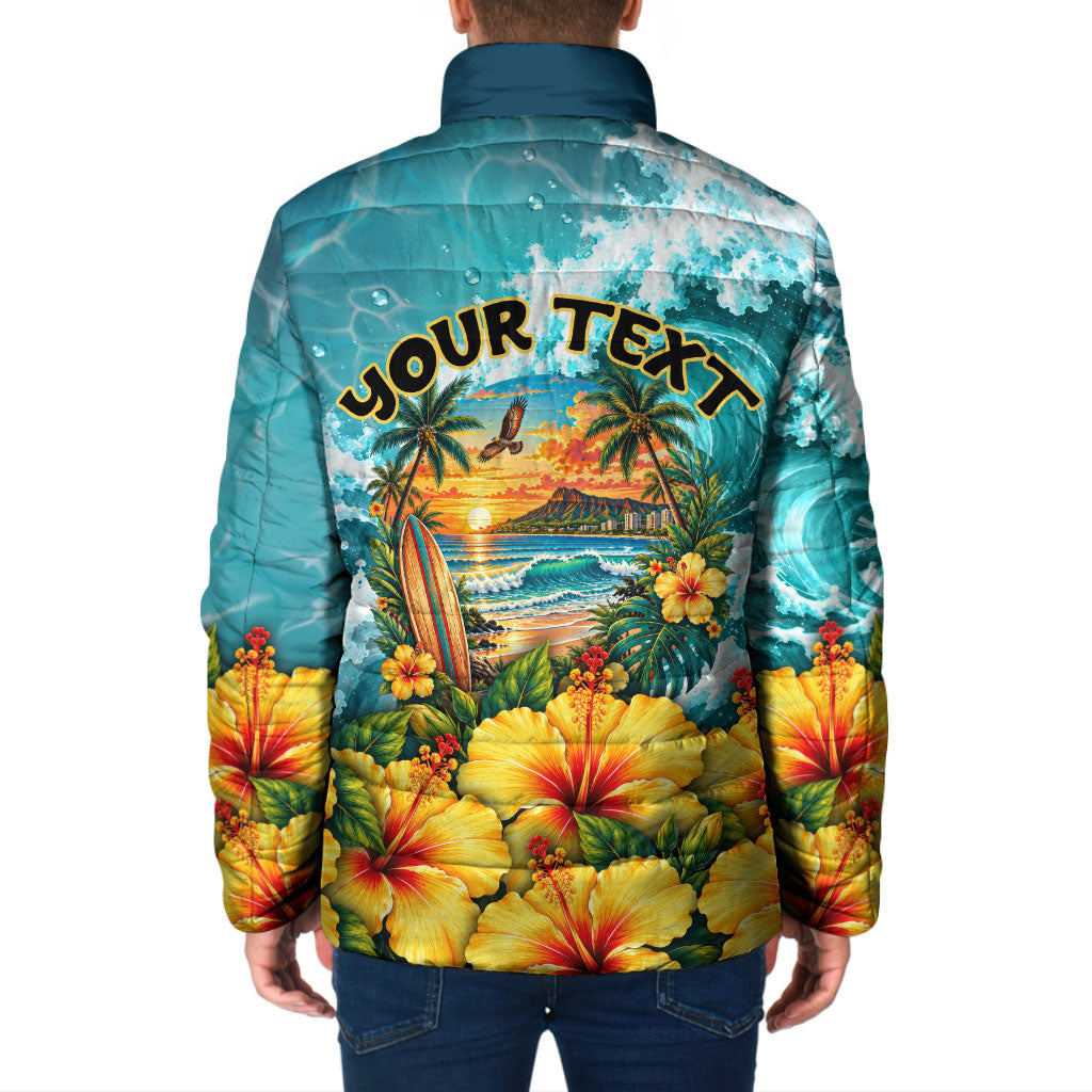 Personalized Hawaii 60th Birthday Eagle Padded Jacket Tropical Sunset Beach Hibiscus Ocean Wave TS04 - Polynesian Pride
