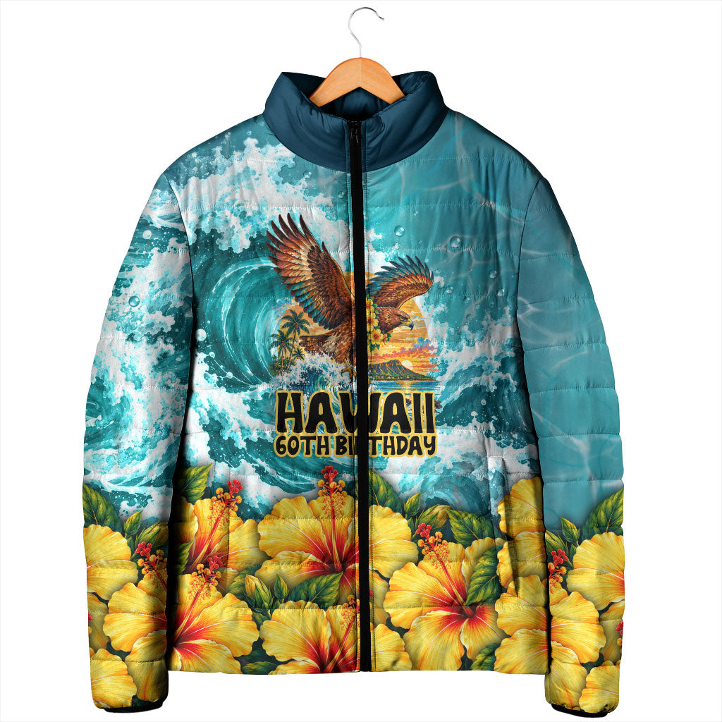 Personalized Hawaii 60th Birthday Eagle Padded Jacket Tropical Sunset Beach Hibiscus Ocean Wave TS04 - Polynesian Pride