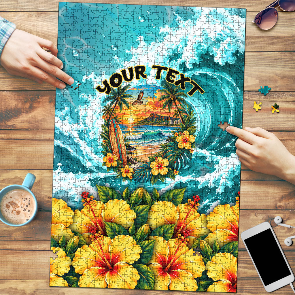 Personalized Hawaii 60th Birthday Eagle Puzzle Tropical Sunset Beach Hibiscus Ocean Wave TS04 Blue Yellow - Polynesian Pride