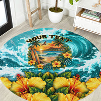 Personalized Hawaii 60th Birthday Eagle Round Carpet Tropical Sunset Beach Hibiscus Ocean Wave TS04 Blue Yellow - Polynesian Pride