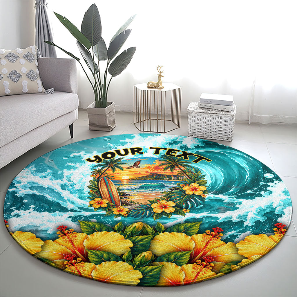 Personalized Hawaii 60th Birthday Eagle Round Carpet Tropical Sunset Beach Hibiscus Ocean Wave TS04 - Polynesian Pride