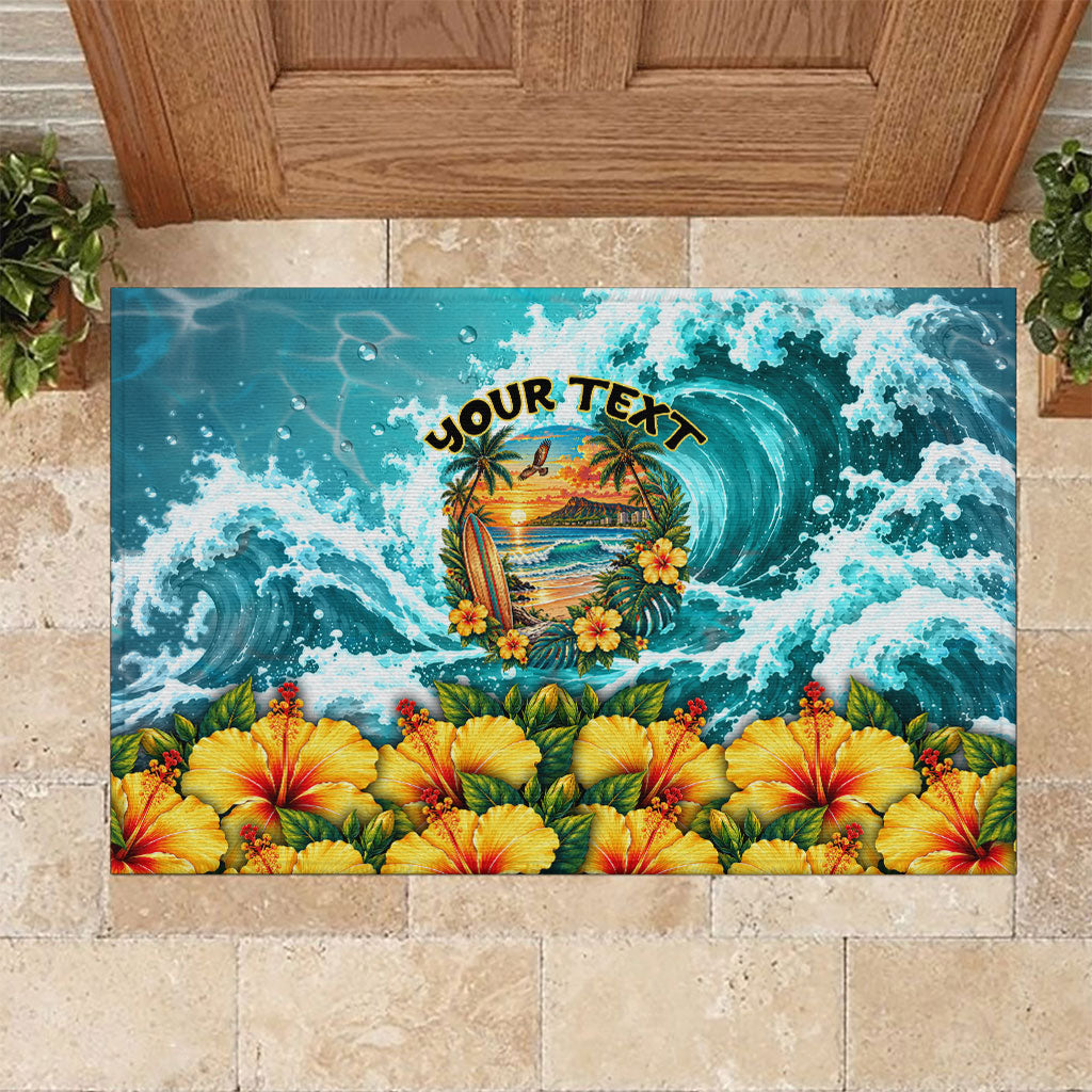 Personalized Hawaii 60th Birthday Eagle Rubber Doormat Tropical Sunset Beach Hibiscus Ocean Wave