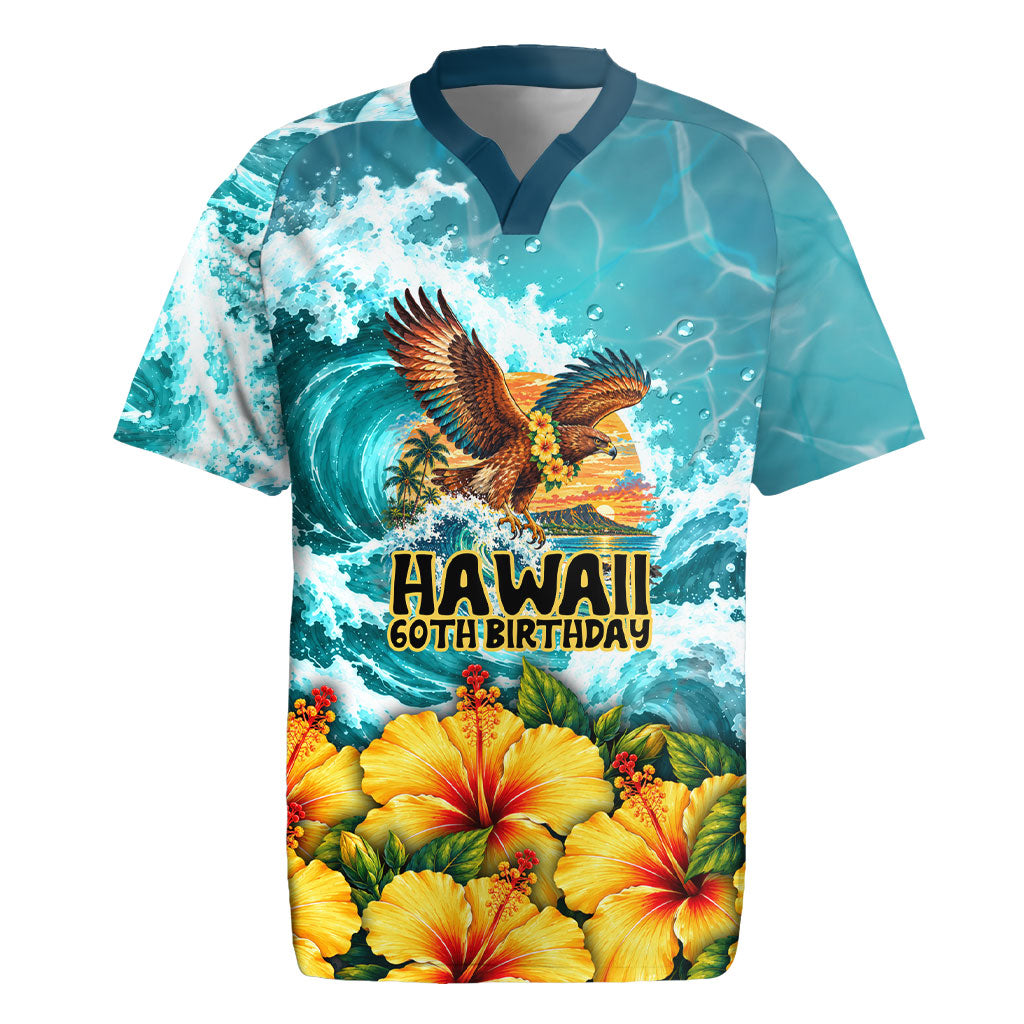 Personalized Hawaii 60th Birthday Eagle Rugby Jersey Tropical Sunset Beach Hibiscus Ocean Wave TS04 Blue Yellow - Polynesian Pride