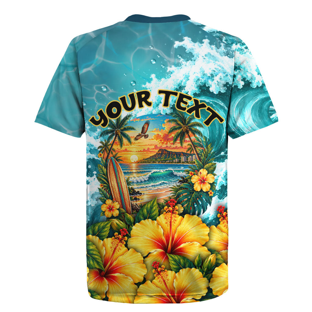 Personalized Hawaii 60th Birthday Eagle Rugby Jersey Tropical Sunset Beach Hibiscus Ocean Wave TS04 - Polynesian Pride