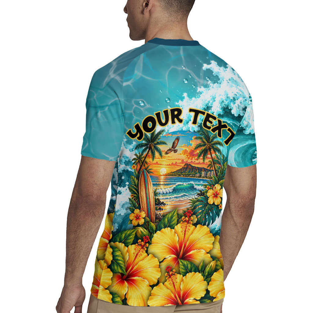 Personalized Hawaii 60th Birthday Eagle Rugby Jersey Tropical Sunset Beach Hibiscus Ocean Wave TS04 - Polynesian Pride