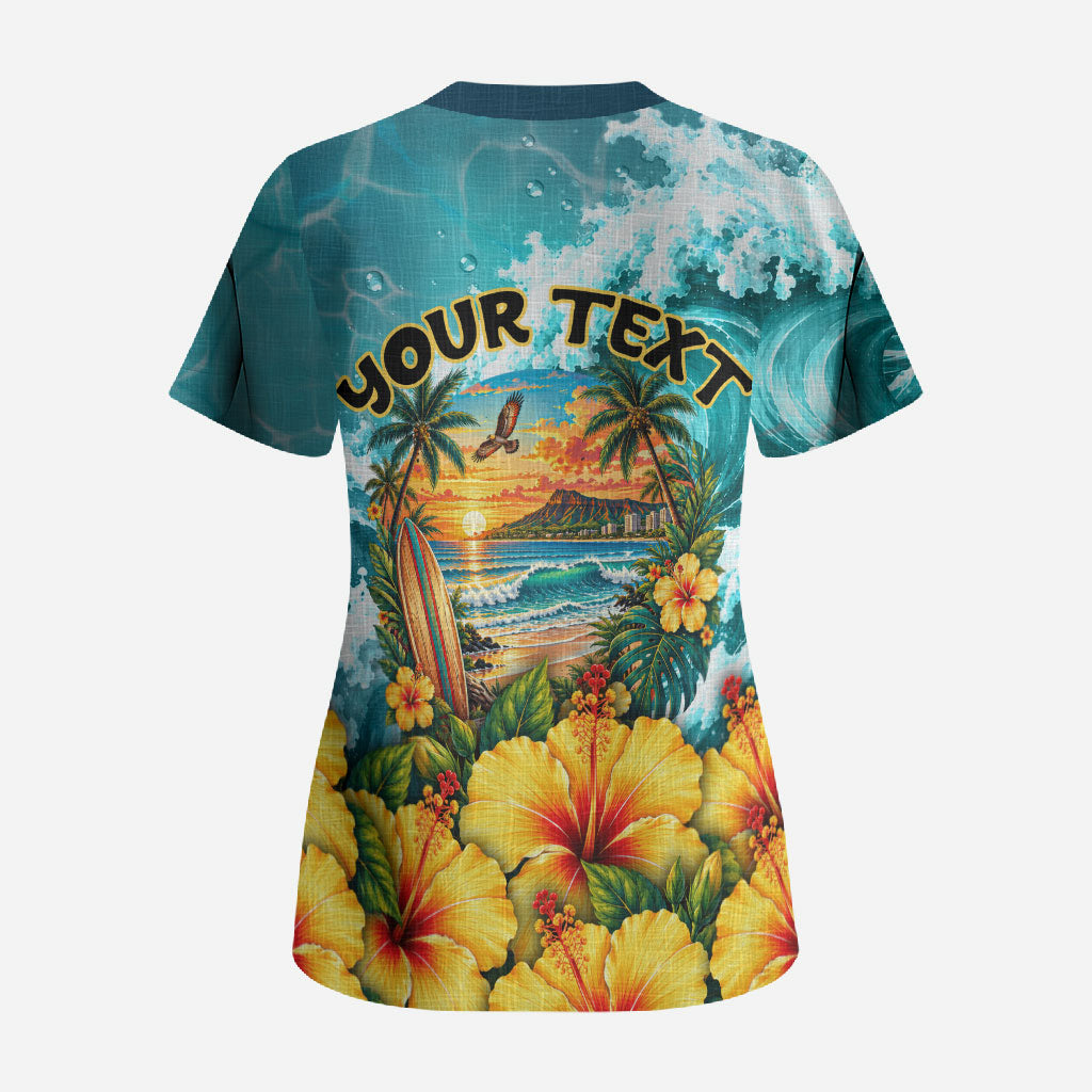 Personalized Hawaii 60th Birthday Eagle Scrub Top Tropical Sunset Beach Hibiscus Ocean Wave TS04 - Polynesian Pride