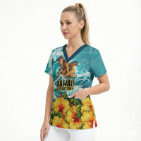 Personalized Hawaii 60th Birthday Eagle Scrub Top Tropical Sunset Beach Hibiscus Ocean Wave TS04 - Polynesian Pride