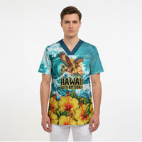 Personalized Hawaii 60th Birthday Eagle Scrub Top Tropical Sunset Beach Hibiscus Ocean Wave TS04 - Polynesian Pride