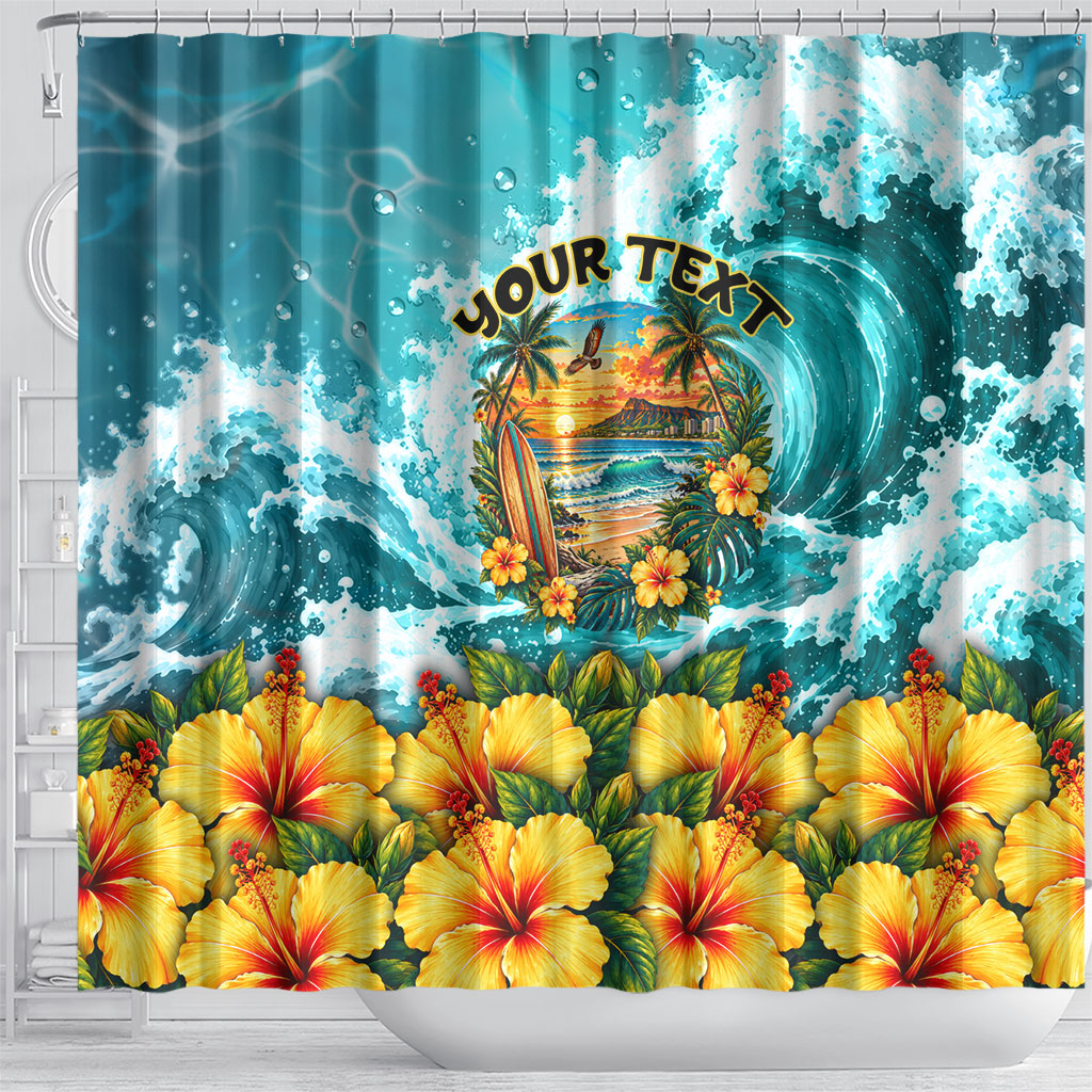Personalized Hawaii 60th Birthday Eagle Shower Curtain Tropical Sunset Beach Hibiscus Ocean Wave TS04 - Polynesian Pride