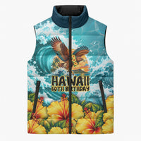 Personalized Hawaii 60th Birthday Eagle Sleeveless Puffer Jacket Tropical Sunset Beach Hibiscus Ocean Wave TS04 Unisex Blue Yellow - Polynesian Pride