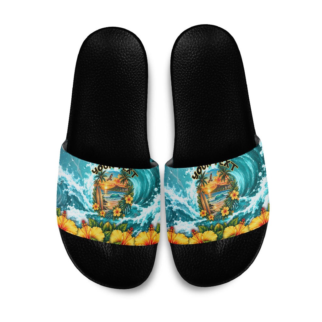 Personalized Hawaii 60th Birthday Eagle Slide Sandals Tropical Sunset Beach Hibiscus Ocean Wave