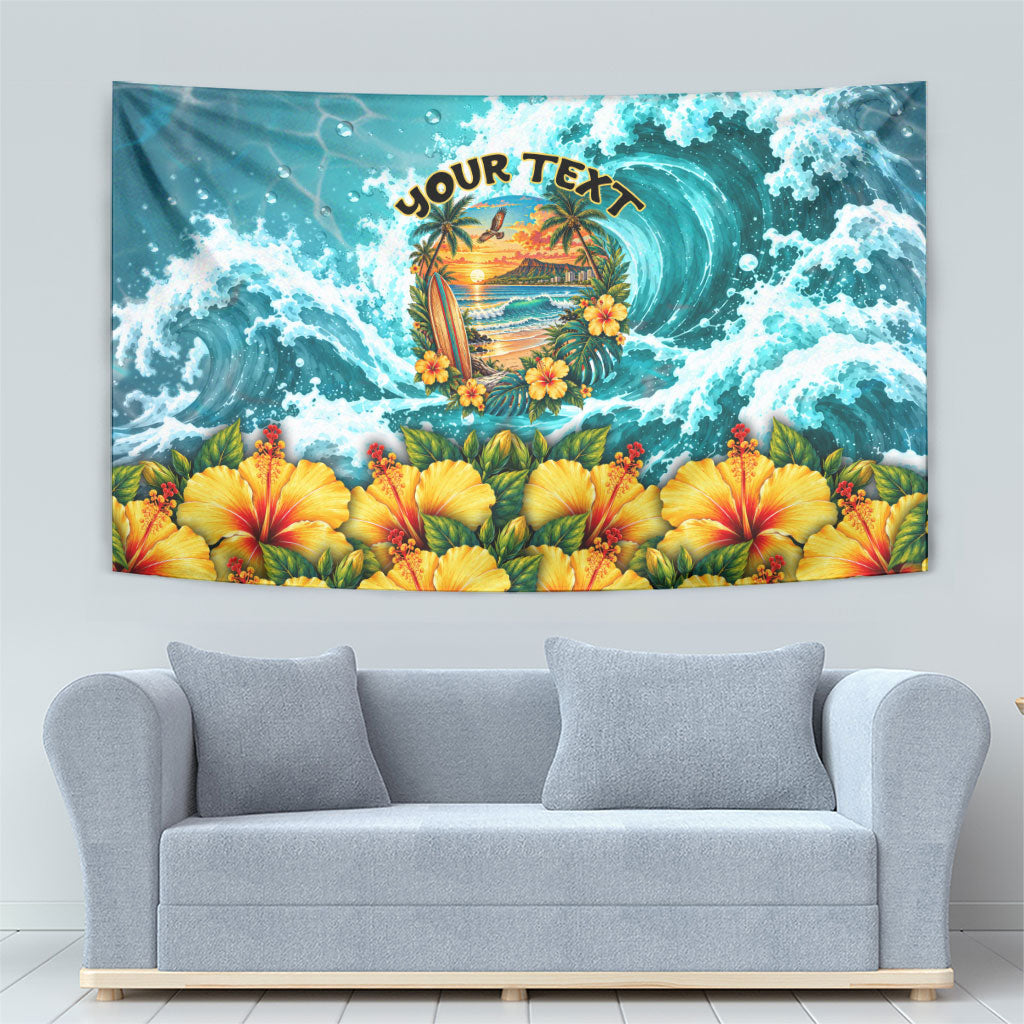 Personalized Hawaii 60th Birthday Eagle Tapestry Tropical Sunset Beach Hibiscus Ocean Wave TS04 - Polynesian Pride