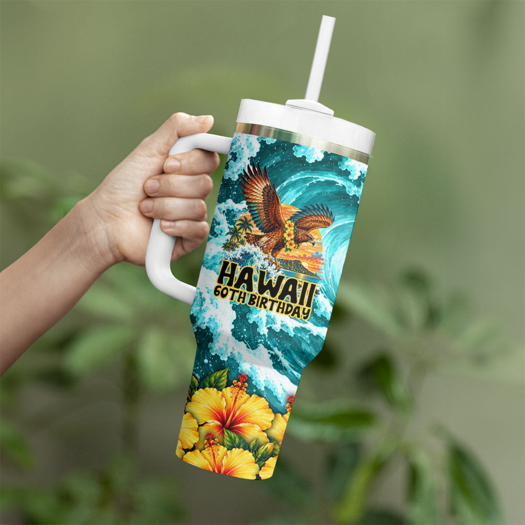 Personalized Hawaii 60th Birthday Eagle Tumbler With Handle Tropical Sunset Beach Hibiscus Ocean Wave TS04 - Polynesian Pride
