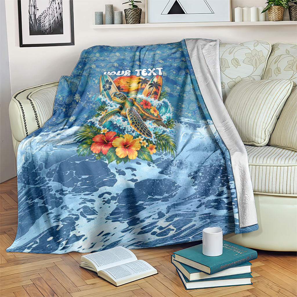 Personalized Hawaii 60th Birthday Sea Turtle Blanket Tropical Ocean Wave Floral Surfboard TS04 Blue Yellow - Polynesian Pride