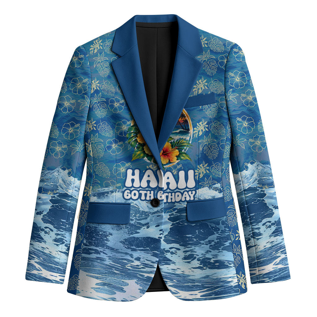 Personalized Hawaii 60th Birthday Sea Turtle Blazer Tropical Ocean Wave Floral Surfboard TS04 Unisex Blue Yellow - Polynesian Pride