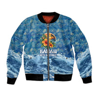 Personalized Hawaii 60th Birthday Sea Turtle Bomber Jacket Tropical Ocean Wave Floral Surfboard TS04 Unisex Blue Yellow - Polynesian Pride