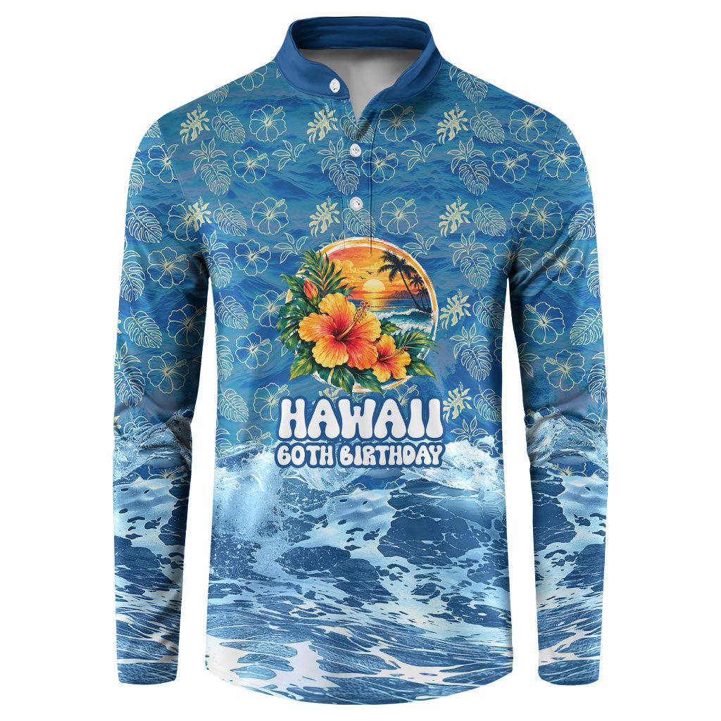Personalized Hawaii 60th Birthday Sea Turtle Button Sweatshirt Tropical Ocean Wave Floral Surfboard TS04 Blue Yellow - Polynesian Pride
