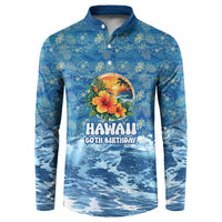 Personalized Hawaii 60th Birthday Sea Turtle Button Sweatshirt Tropical Ocean Wave Floral Surfboard TS04 Blue Yellow - Polynesian Pride