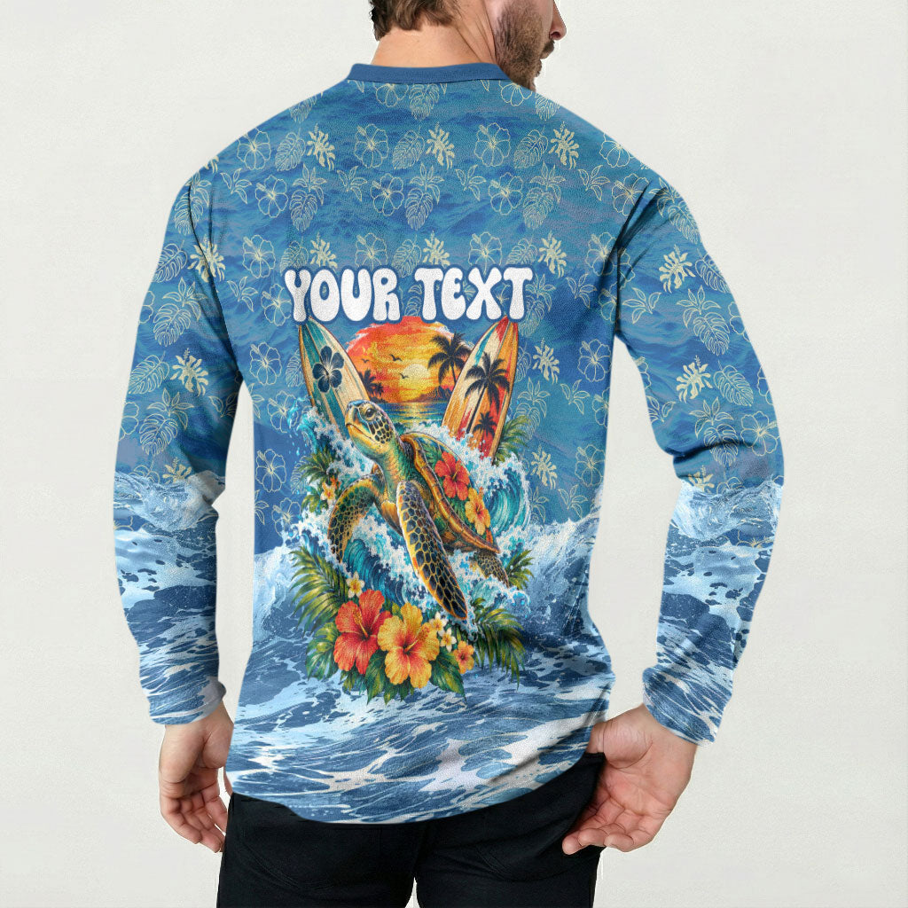 Personalized Hawaii 60th Birthday Sea Turtle Button Sweatshirt Tropical Ocean Wave Floral Surfboard TS04 - Polynesian Pride