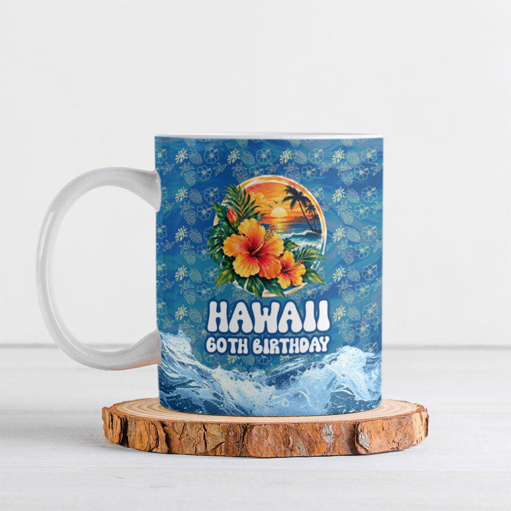 Personalized Hawaii 60th Birthday Sea Turtle Ceramic Mug Tropical Ocean Wave Floral Surfboard