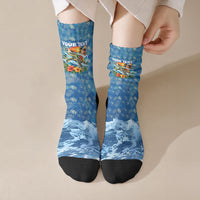 Personalized Hawaii 60th Birthday Sea Turtle Crew Socks Tropical Ocean Wave Floral Surfboard TS04 Crew Socks Blue Yellow - Polynesian Pride