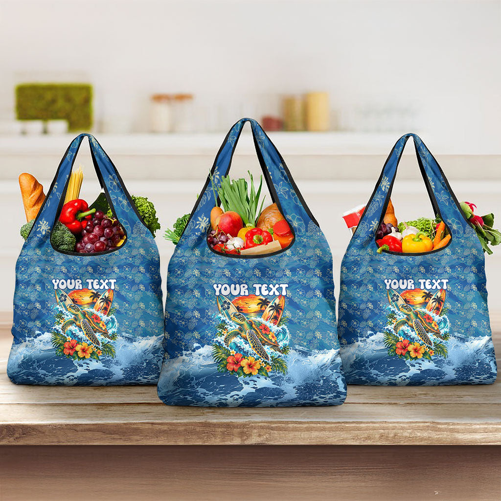 Personalized Hawaii 60th Birthday Sea Turtle Grocery Bag Tropical Ocean Wave Floral Surfboard TS04 3-pack One Size Blue Yellow - Polynesian Pride