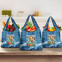 Personalized Hawaii 60th Birthday Sea Turtle Grocery Bag Tropical Ocean Wave Floral Surfboard TS04 3-pack One Size Blue Yellow - Polynesian Pride