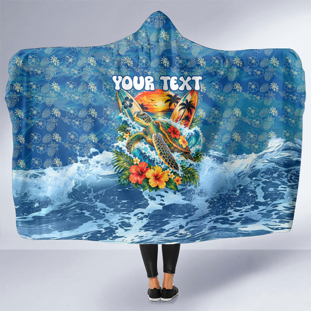 Personalized Hawaii 60th Birthday Sea Turtle Hooded Blanket Tropical Ocean Wave Floral Surfboard TS04 One Size Blue Yellow - Polynesian Pride