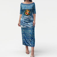 Personalized Hawaii 60th Birthday Sea Turtle Puletasi Tropical Ocean Wave Floral Surfboard TS04 Long Dress Blue Yellow - Polynesian Pride