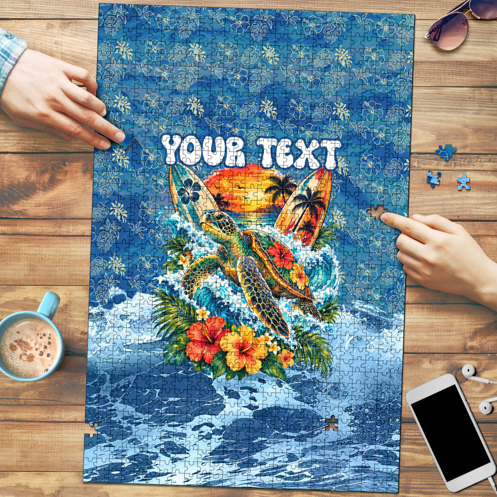 Personalized Hawaii 60th Birthday Sea Turtle Puzzle Tropical Ocean Wave Floral Surfboard