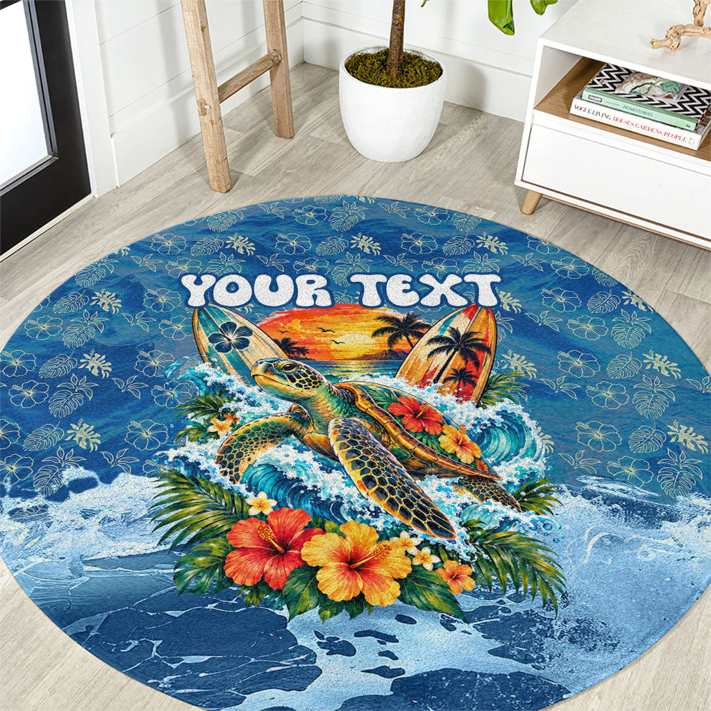 Personalized Hawaii 60th Birthday Sea Turtle Round Carpet Tropical Ocean Wave Floral Surfboard