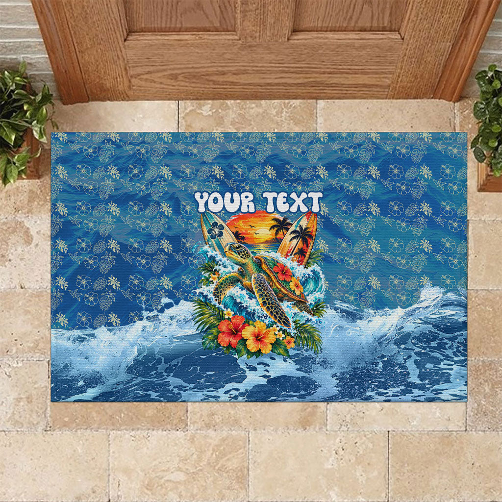 Personalized Hawaii 60th Birthday Sea Turtle Rubber Doormat Tropical Ocean Wave Floral Surfboard TS04 Blue Yellow - Polynesian Pride