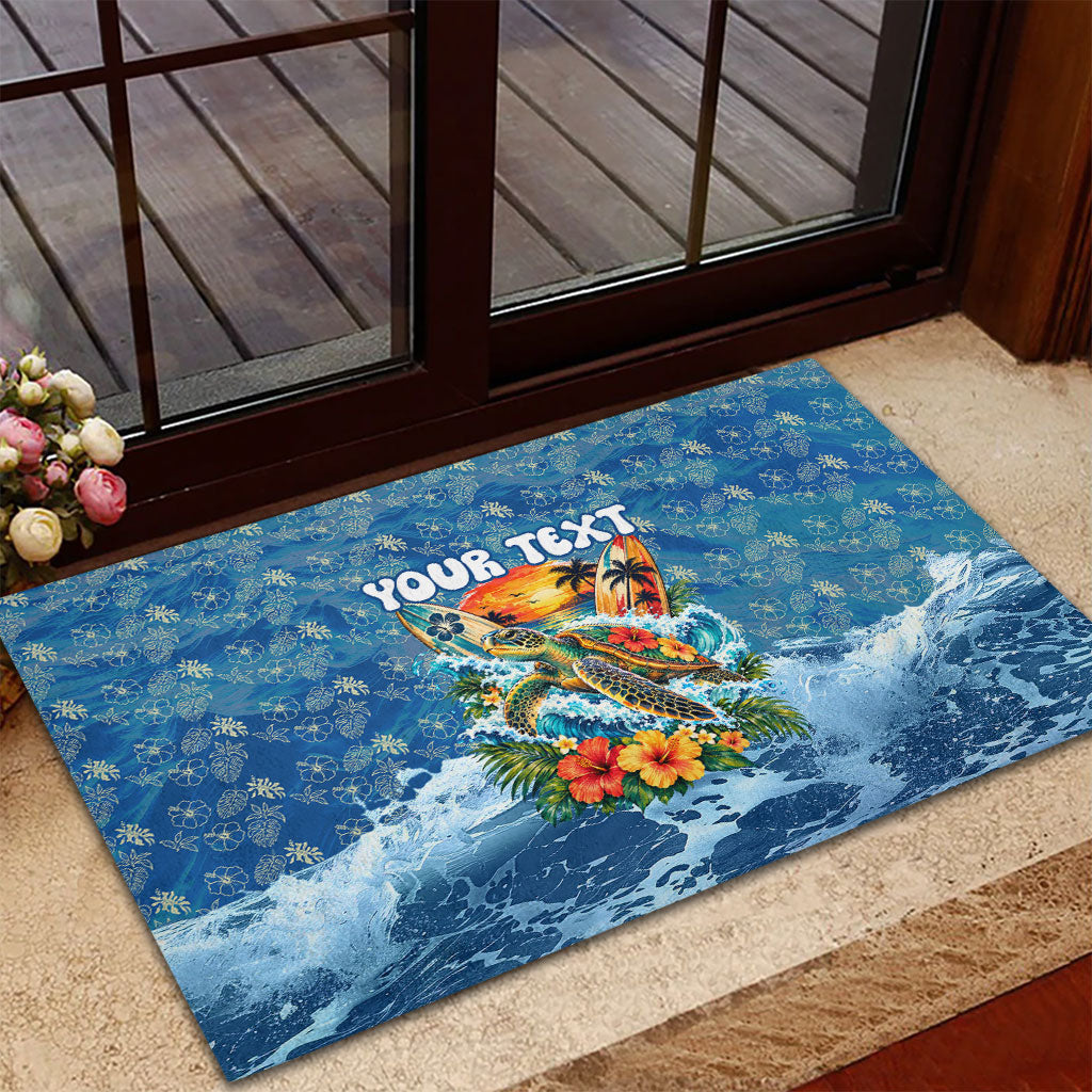 Personalized Hawaii 60th Birthday Sea Turtle Rubber Doormat Tropical Ocean Wave Floral Surfboard TS04 - Polynesian Pride