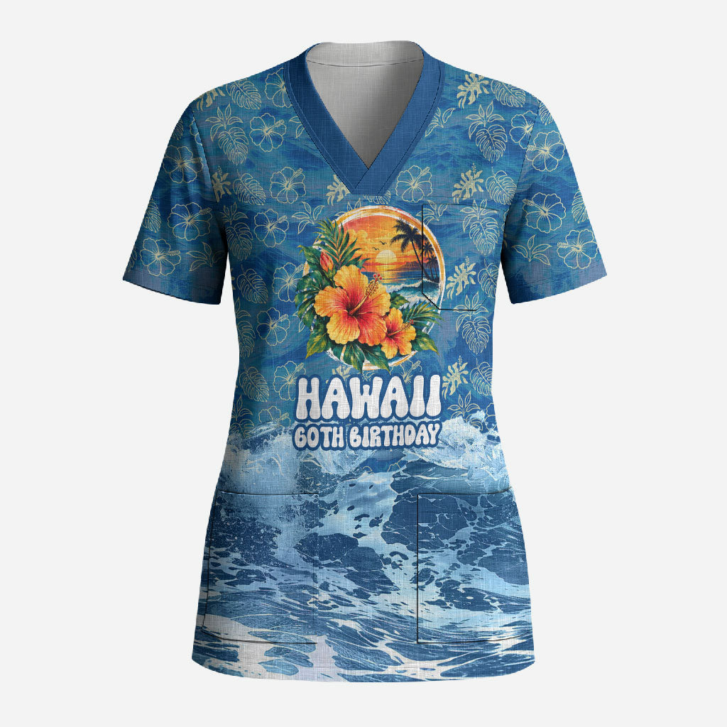 Personalized Hawaii 60th Birthday Sea Turtle Scrub Top Tropical Ocean Wave Floral Surfboard TS04 Adult Blue Yellow - Polynesian Pride