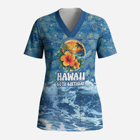 Personalized Hawaii 60th Birthday Sea Turtle Scrub Top Tropical Ocean Wave Floral Surfboard TS04 Adult Blue Yellow - Polynesian Pride