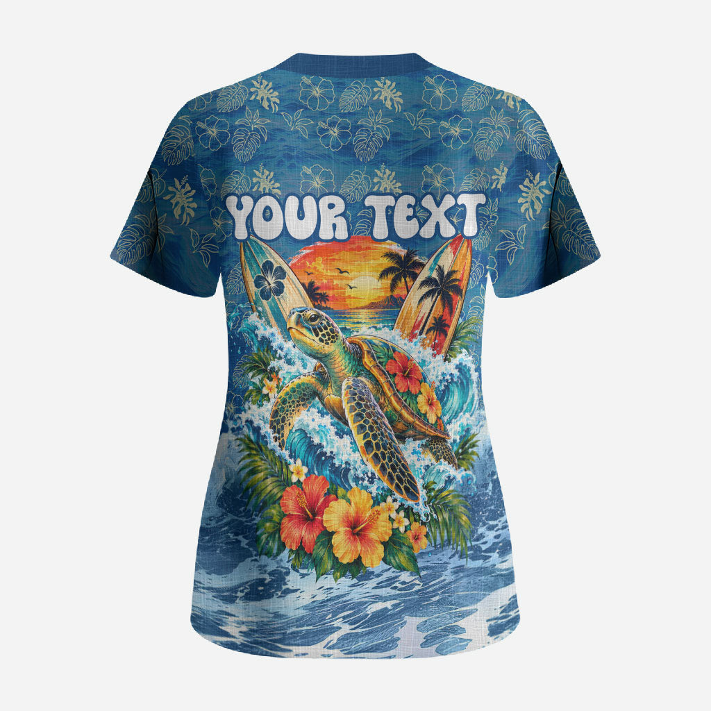 Personalized Hawaii 60th Birthday Sea Turtle Scrub Top Tropical Ocean Wave Floral Surfboard TS04 - Polynesian Pride