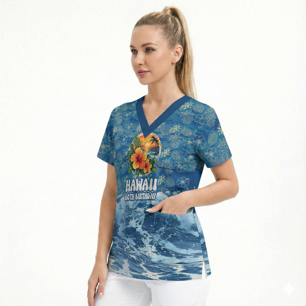 Personalized Hawaii 60th Birthday Sea Turtle Scrub Top Tropical Ocean Wave Floral Surfboard TS04 - Polynesian Pride