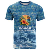 Personalized Hawaii 60th Birthday Sea Turtle T Shirt Tropical Ocean Wave Floral Surfboard TS04 Blue Yellow - Polynesian Pride