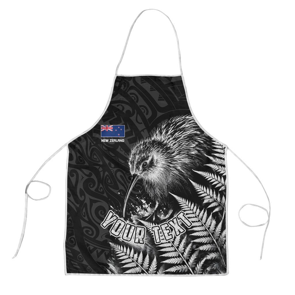 Personalized New Zealand Kiwi Bird Apron Grunge Maori Tribal Pattern Silver Fern TS04 Black White - Polynesian Pride