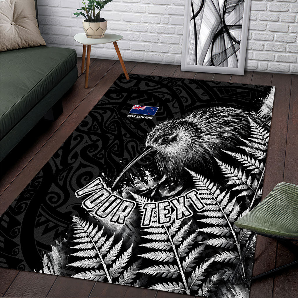 Personalized New Zealand Kiwi Bird Area Rug Grunge Maori Tribal Pattern Silver Fern TS04 Black White - Polynesian Pride