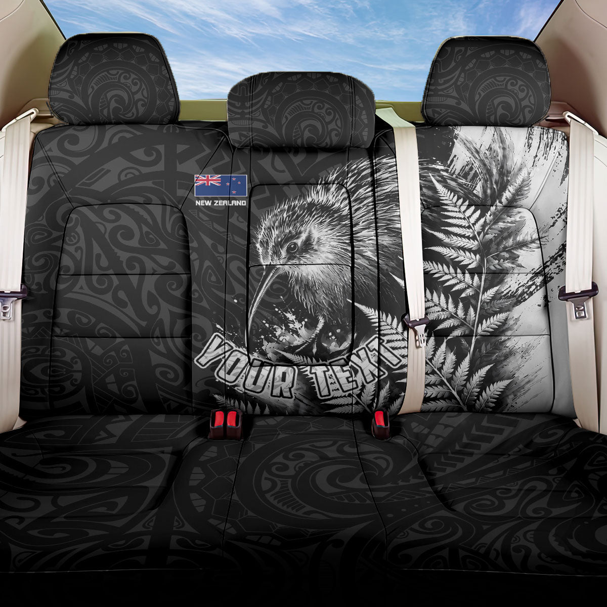 Personalized New Zealand Kiwi Bird Back Car Seat Cover Grunge Maori Tribal Pattern Silver Fern TS04 One Size Black White - Polynesian Pride