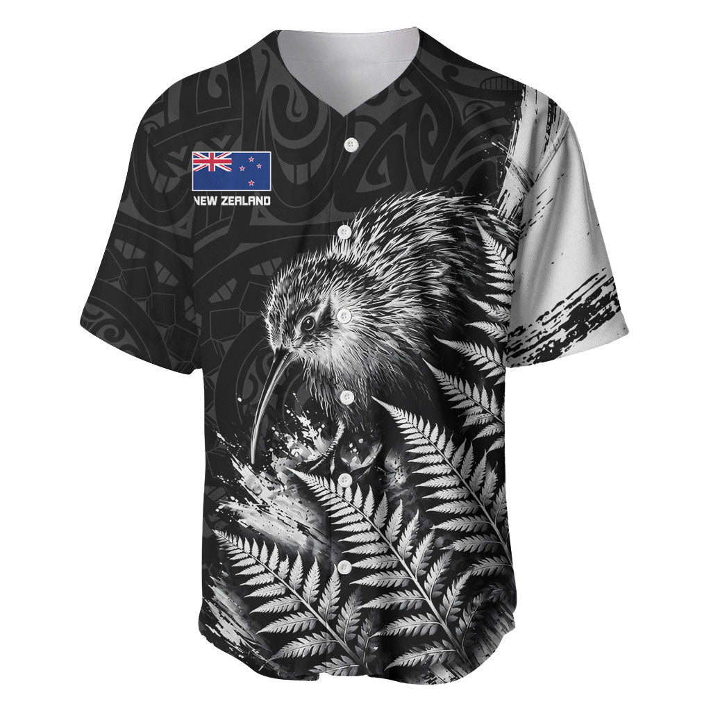 Personalized New Zealand Kiwi Bird Baseball Jersey Grunge Maori Tribal Pattern Silver Fern TS04 Black White - Polynesian Pride